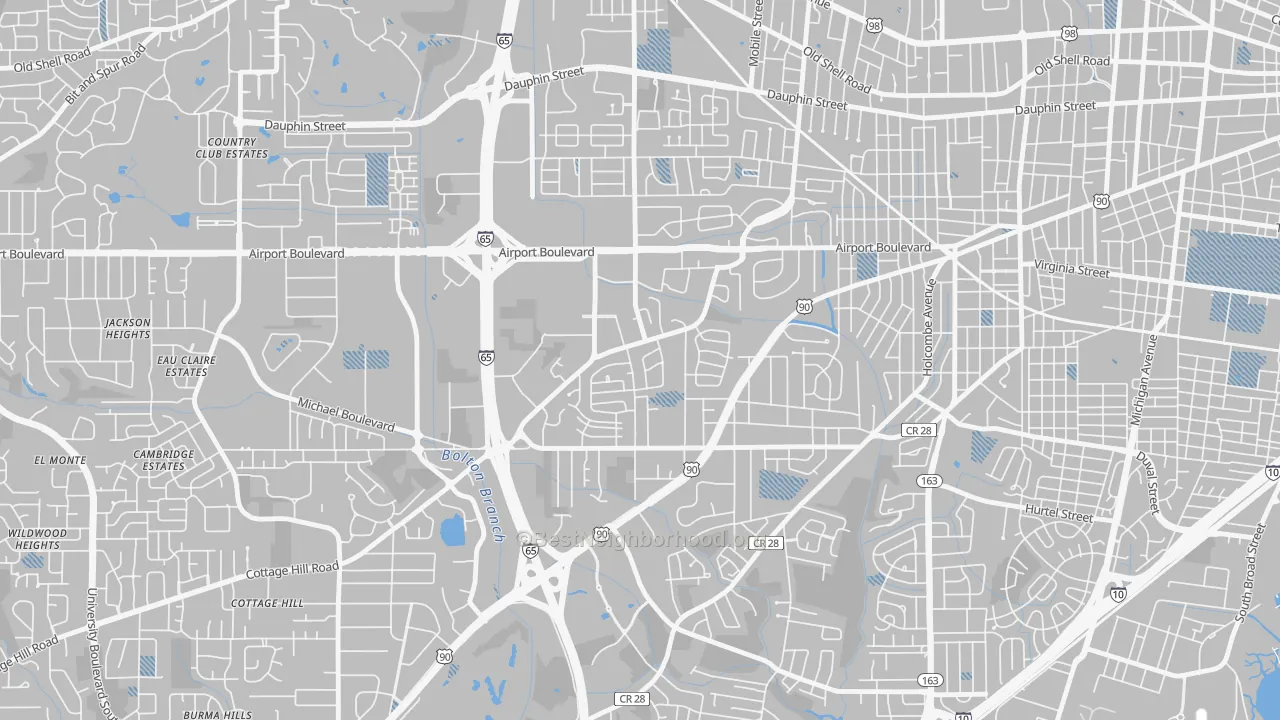Transit Grade map of Brookwood, Mobile, AL