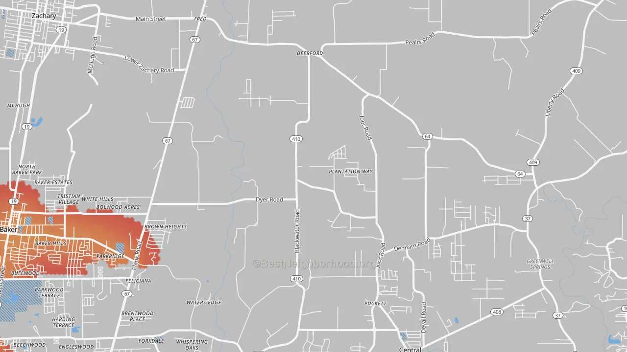 Transit Grade map of Brownsfield-Central, Baton Rouge, LA