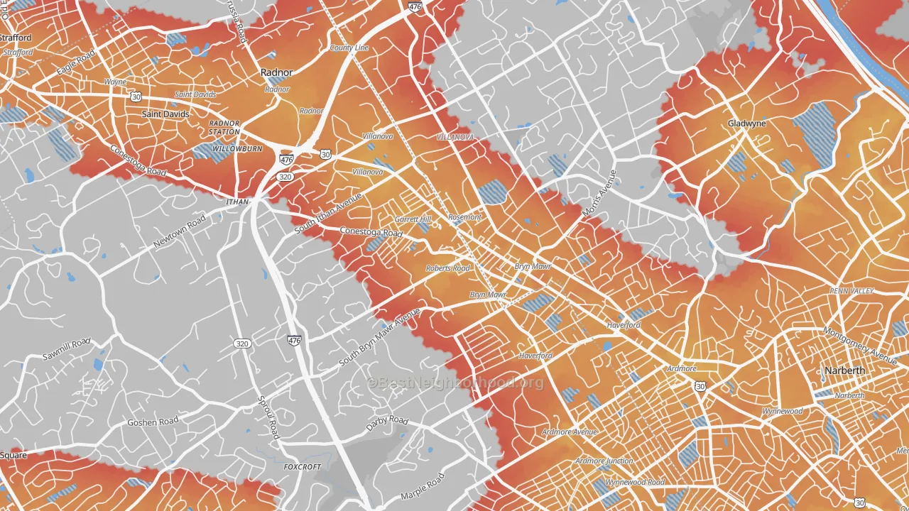 Transit Grade map of Bryn Mawr, PA
