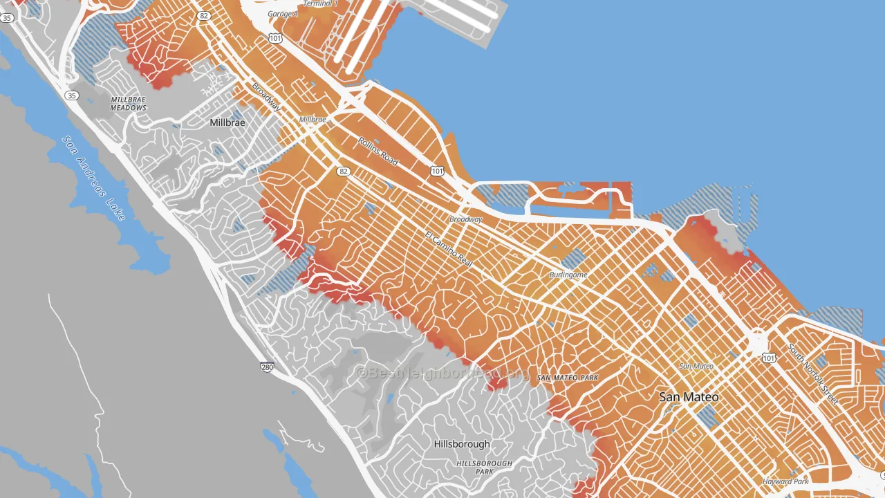 Transit Grade map of Burlingame, CA
