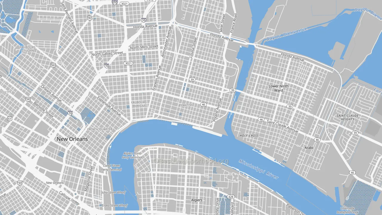 Transit Grade map of Bywater, New Orleans, LA