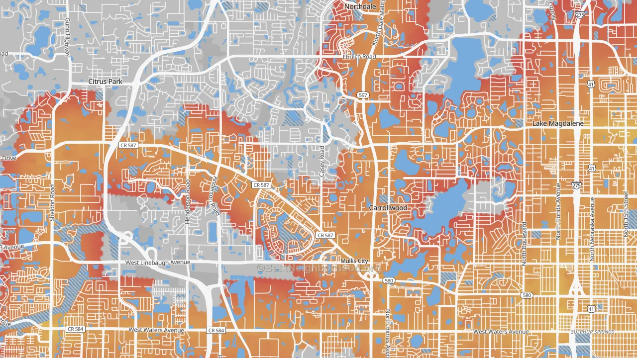Transit Grade map of Carrollwood, Tampa, FL