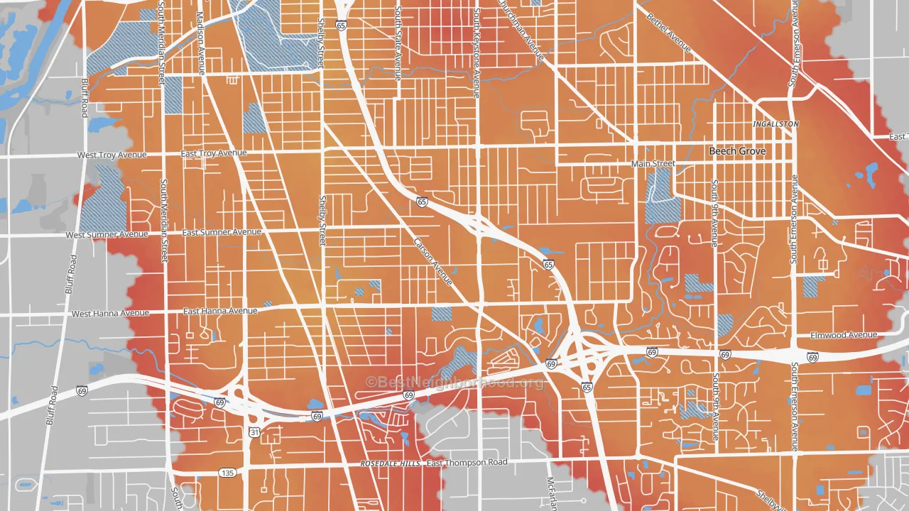 Transit Grade map of Carson Heights, Indianapolis, IN