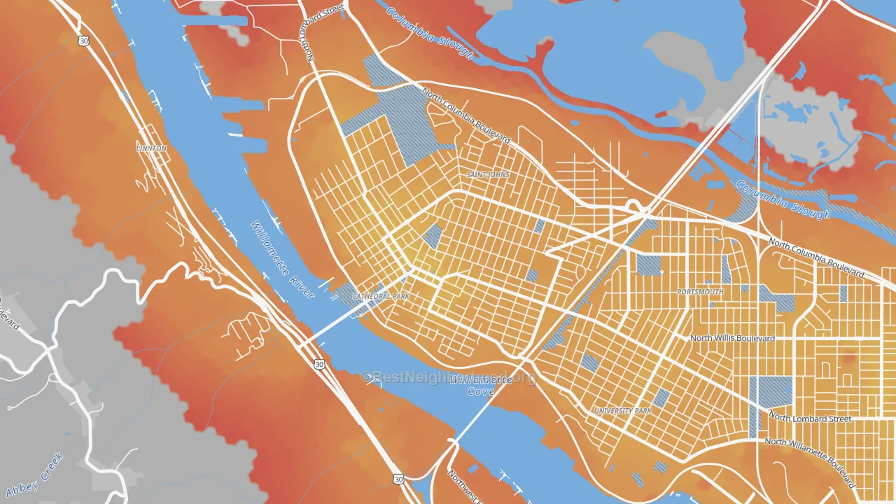 Transit Grade map of Cathedral Park, Portland, OR