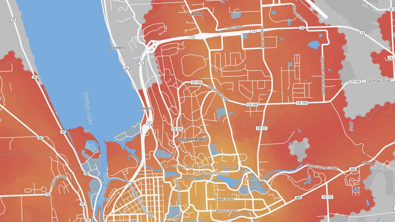 Transit Grade map of Cayuga Heights, NY