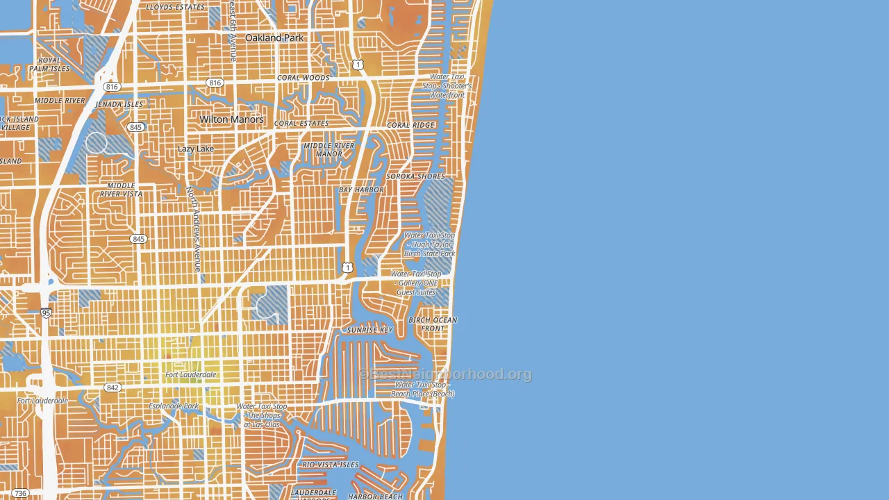 Transit Grade map of Central Beach, Fort Lauderdale, FL