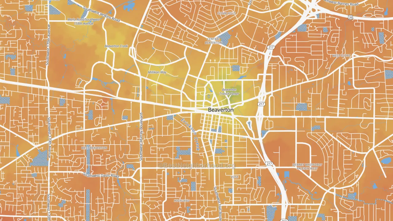 Transit Grade map of Central Beaverton, Beaverton, OR