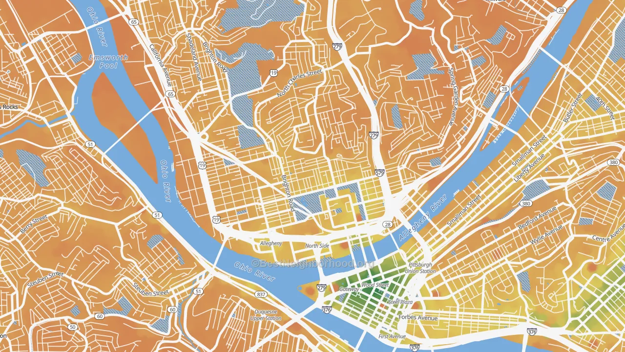 Transit Grade map of Central Northside, Pittsburgh, PA