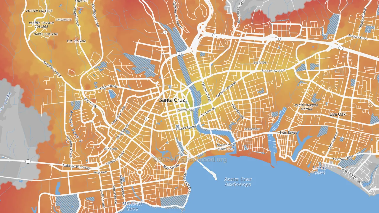 Transit Grade map of Central Santa Cruz, Santa Cruz, CA