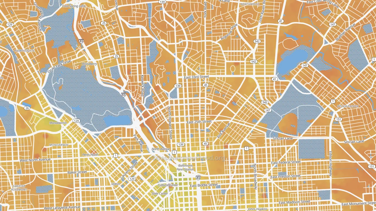 Transit Grade map of Charles Village, Baltimore, MD