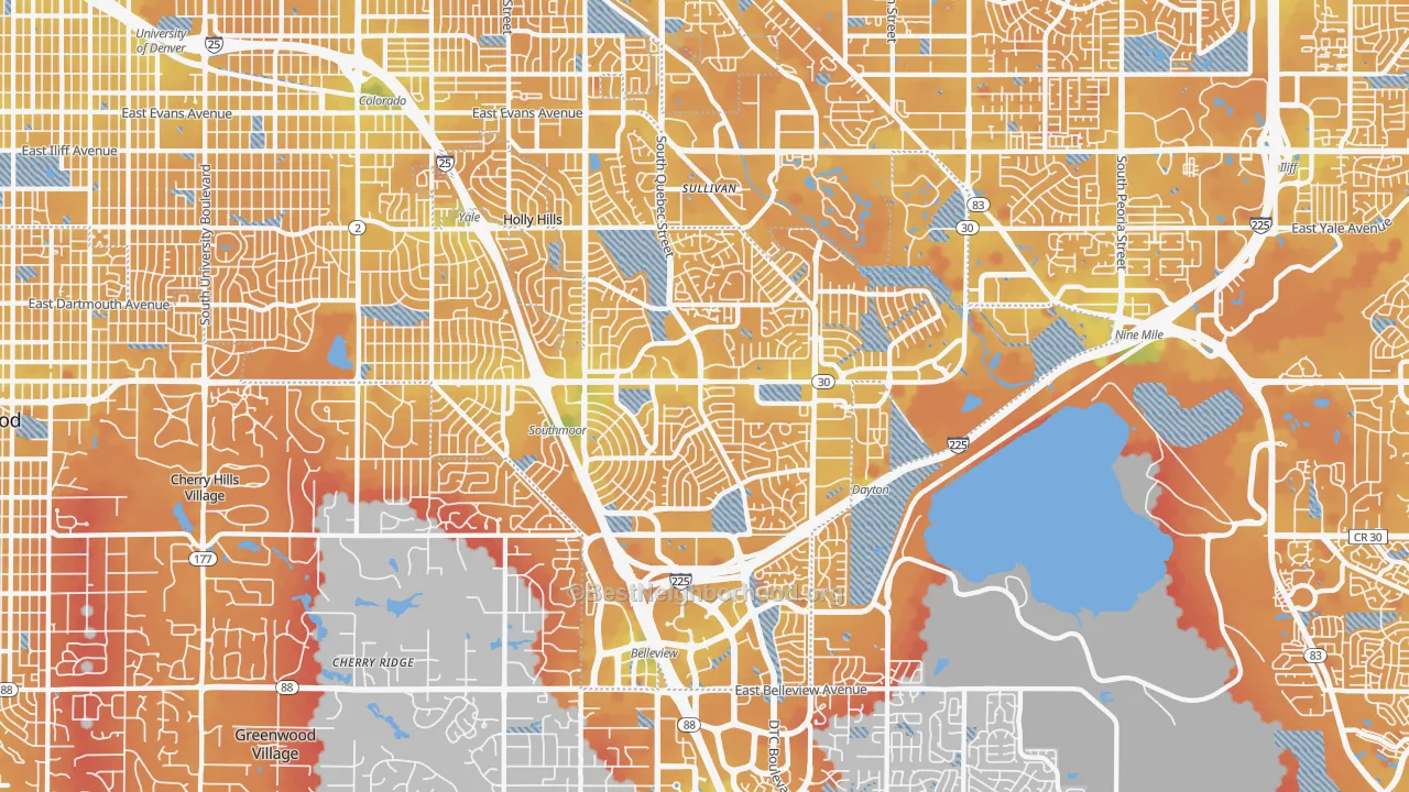 Transit Grade map of Cherry Creek, Denver, CO