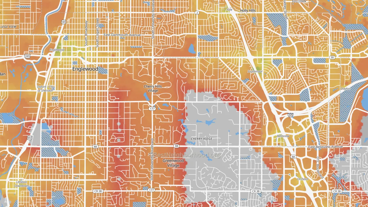 Transit Grade map of Cherry Hills Village, CO