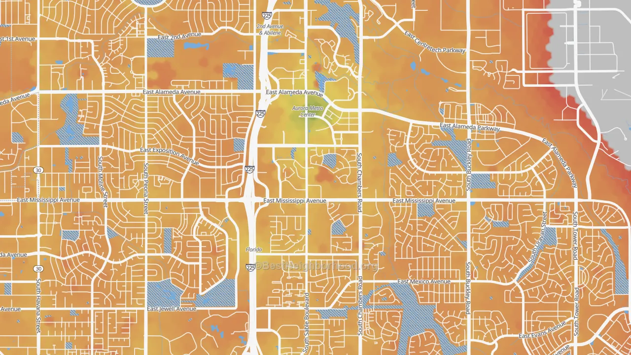 Transit Grade map of City Center, Aurora, CO