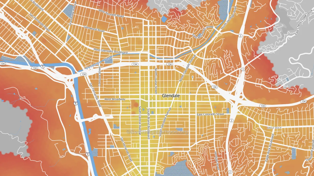 Transit Grade map of City Center, Glendale, CA