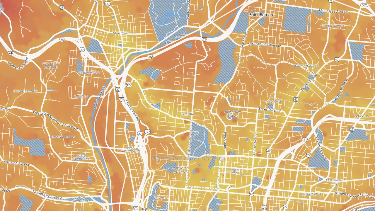 Transit Grade map of Clifton, Cincinnati, OH