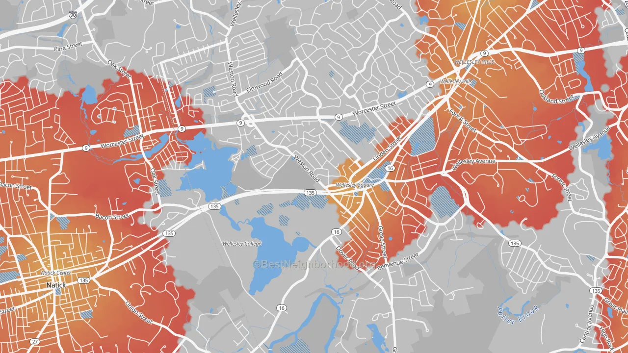 Transit Grade map of College Heights, Wellesley, MA