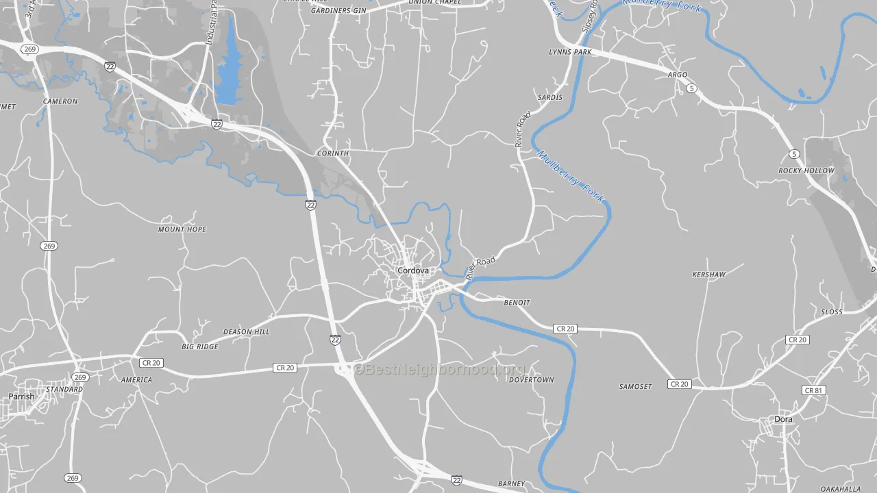 Transit Grade map of Cordova, AL