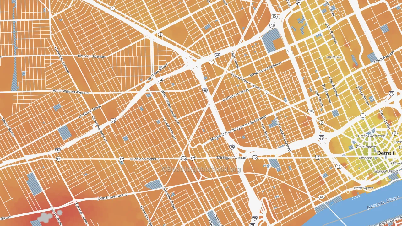 Transit Grade map of Core City, Detroit, MI