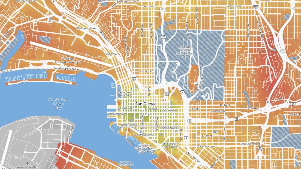 Transit Grade map of Cortez Hill, San Diego, CA