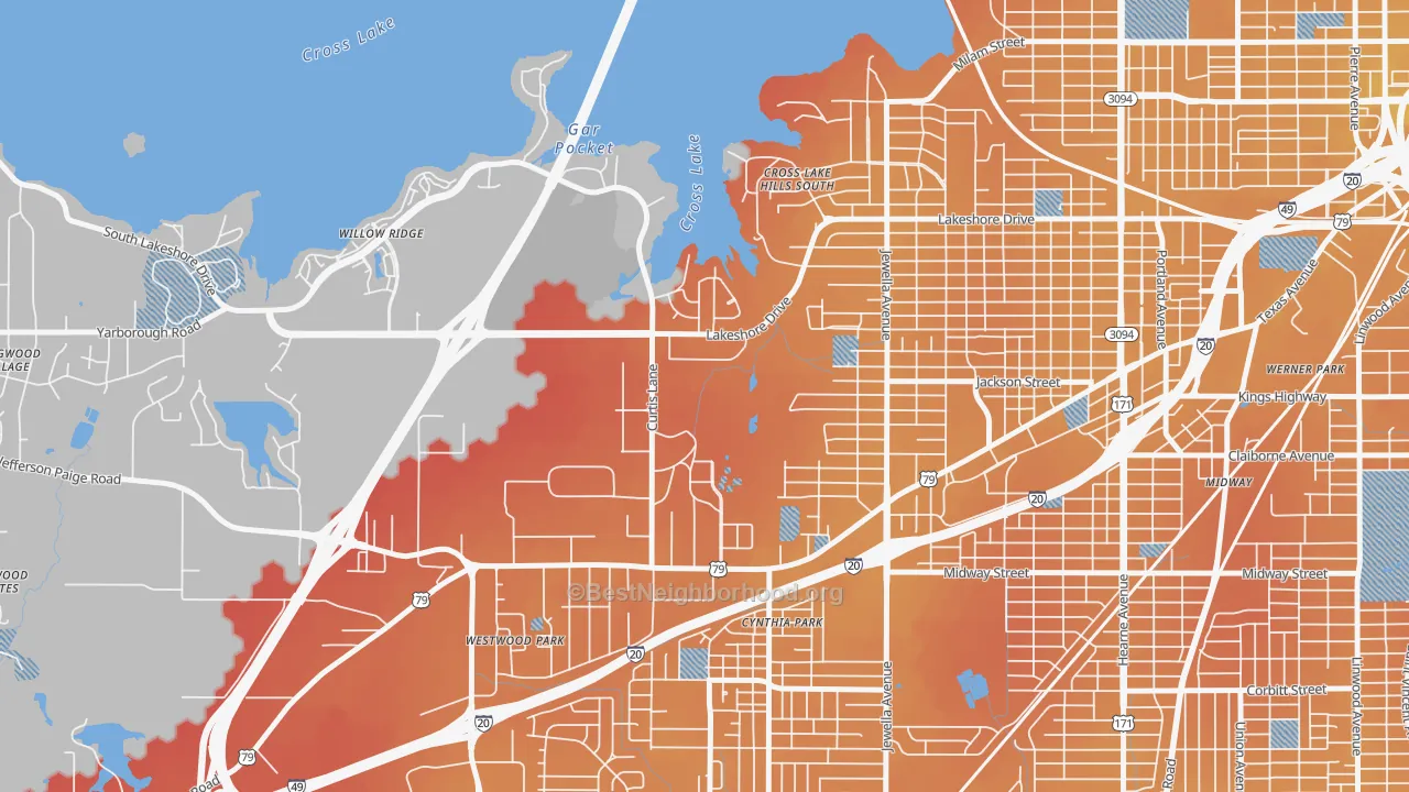 Transit Grade map of Country Club Hills Lakeshore Shops, Shreveport, LA
