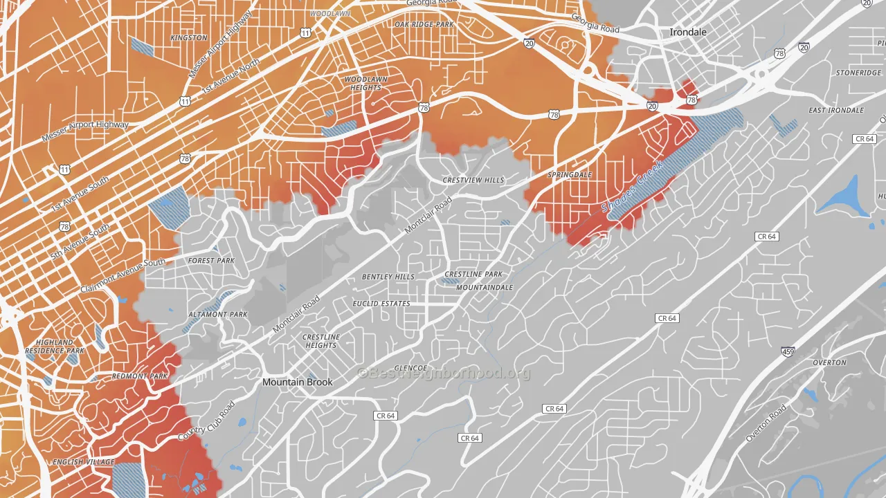 Transit Grade map of Crestline, Birmingham, AL