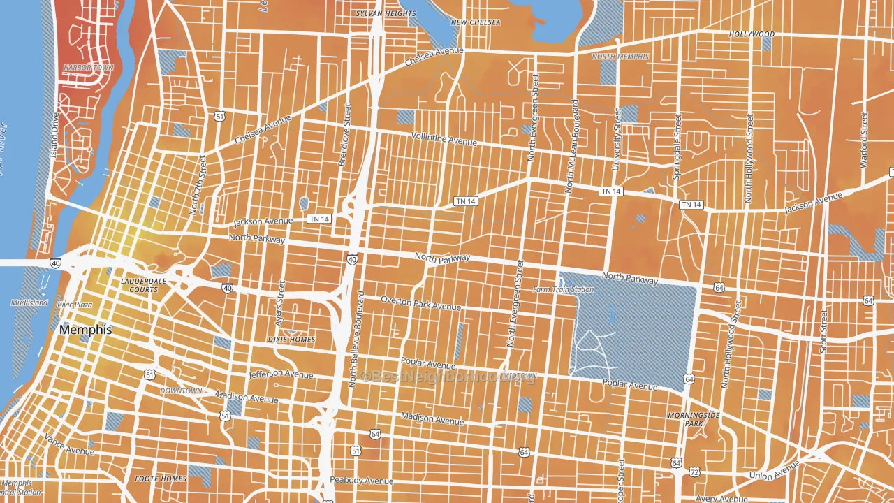 Transit Grade map of Crosstown, Memphis, TN