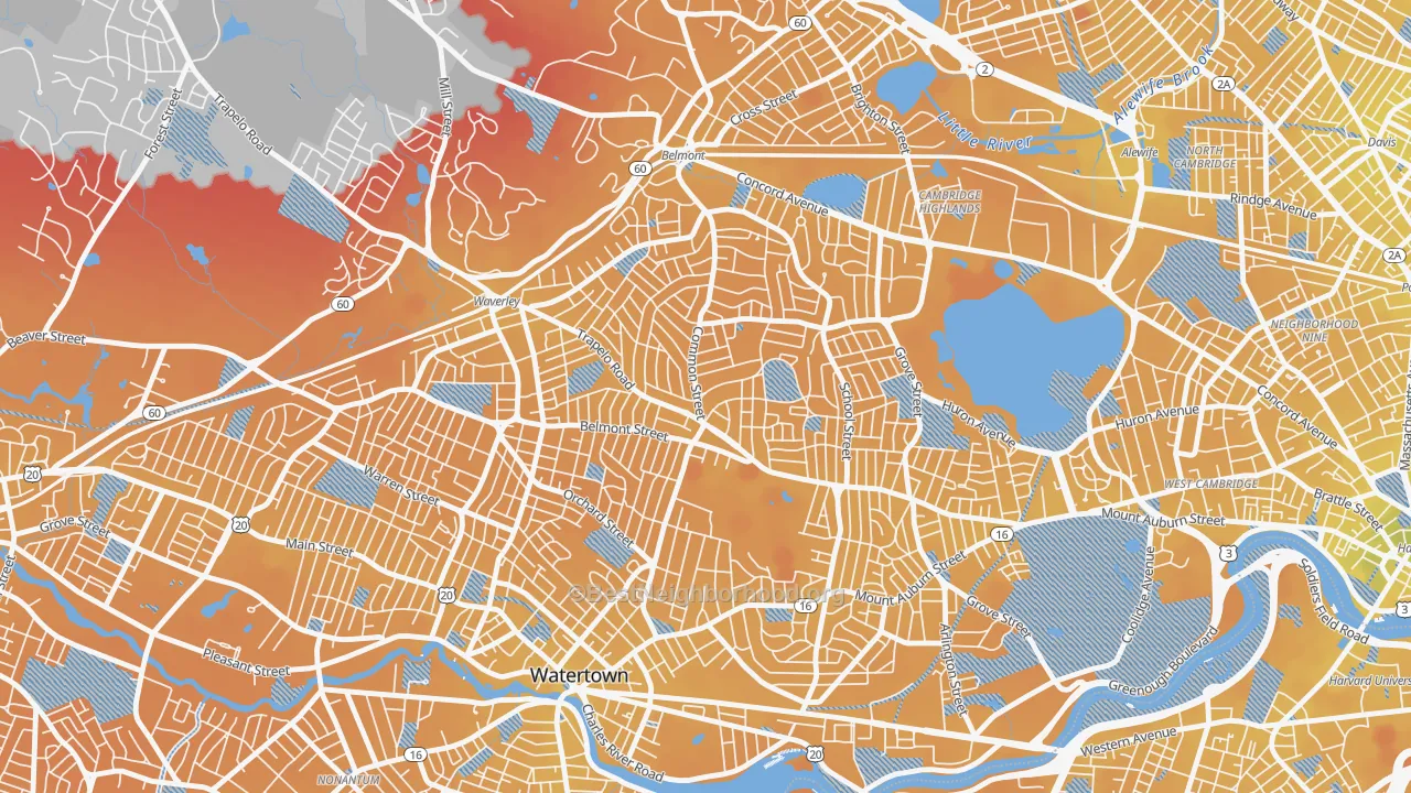 Transit Grade map of Cushing Square, Belmont, MA