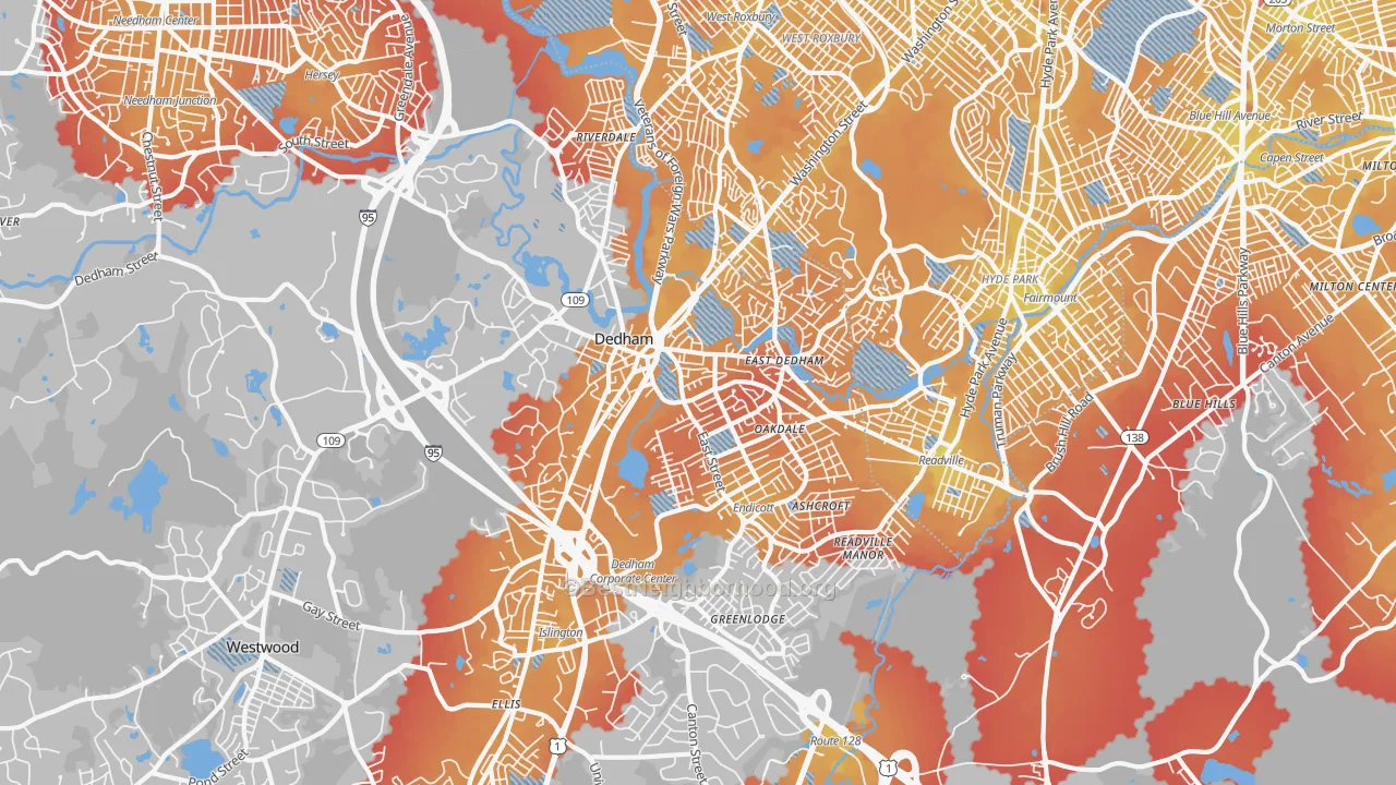 Transit Grade map of Dedham, MA