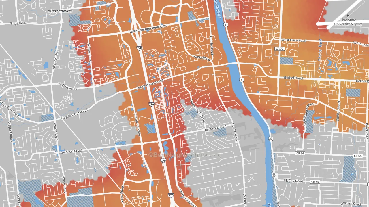 Transit Grade map of Dexter Falls, Columbus, OH