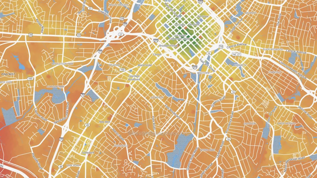 Transit Grade map of Dilworth, Charlotte, NC