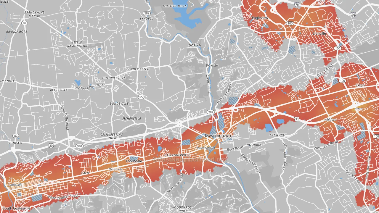 Transit Grade map of Downingtown, PA