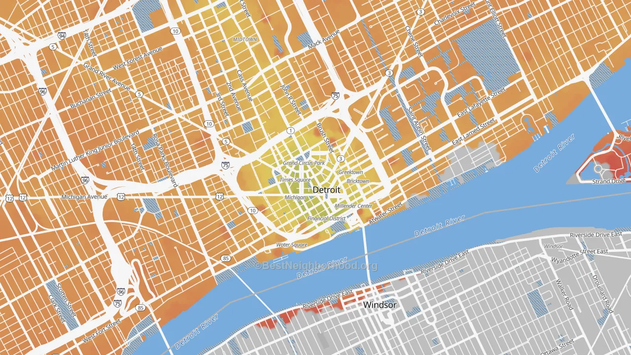 Transit Grade map of Downtown Detroit, Detroit, MI