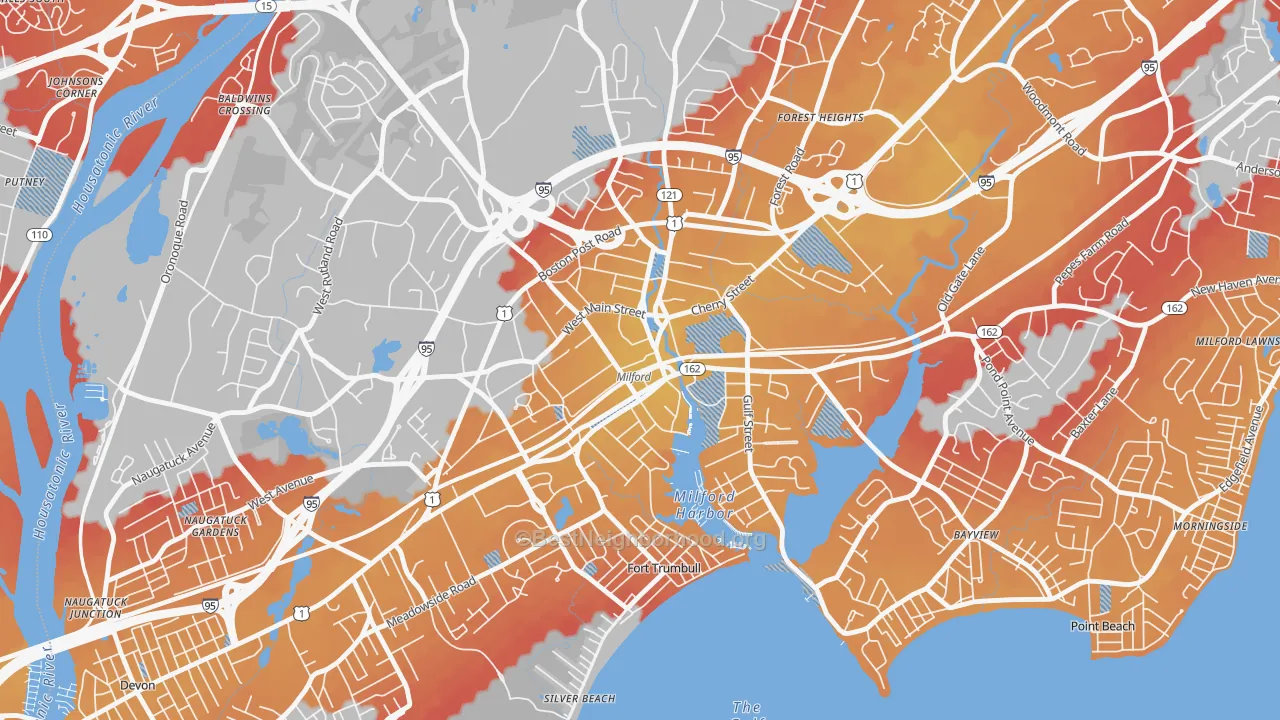 Transit Grade map of Downtown Harbor-Post Road South, Milford, CT