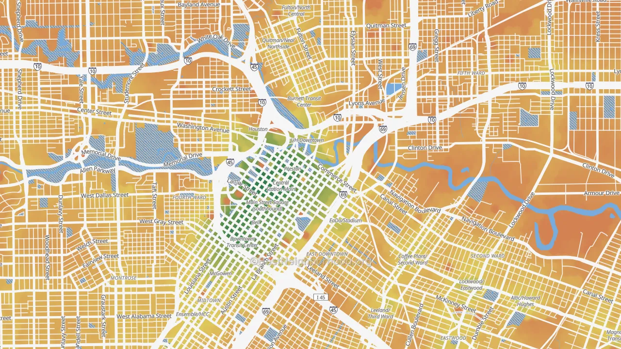 Transit Grade map of Downtown Houston, Houston, TX