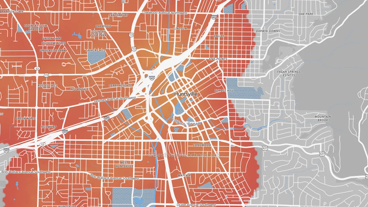 Transit Grade map of Downtown Huntsville, Huntsville, AL
