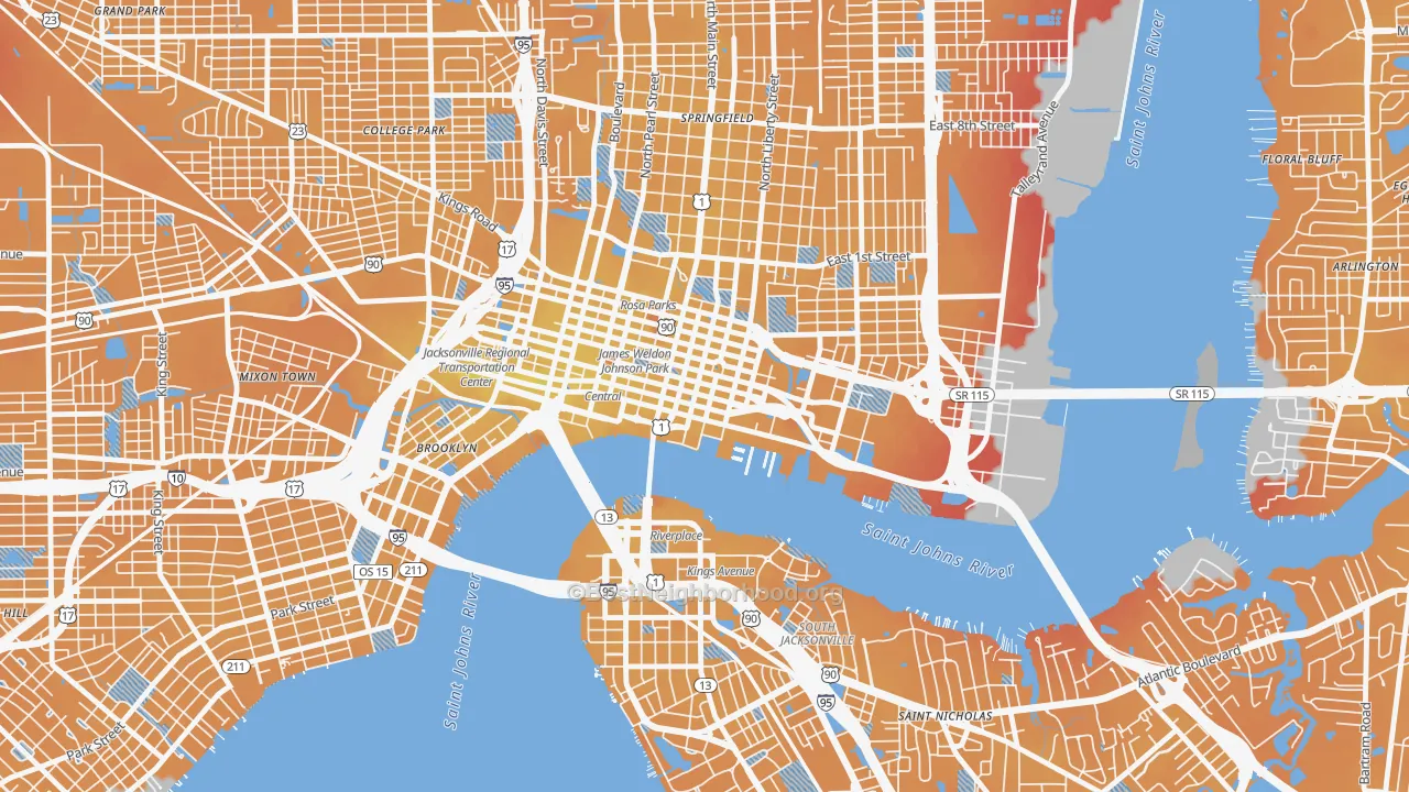 Transit Grade map of Downtown Jacksonville, Jacksonville, FL