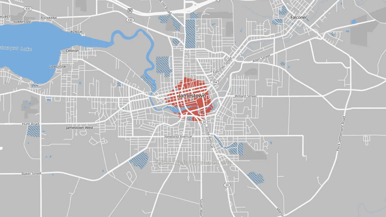 Transit Grade map of Downtown Jamestown, Jamestown, NY