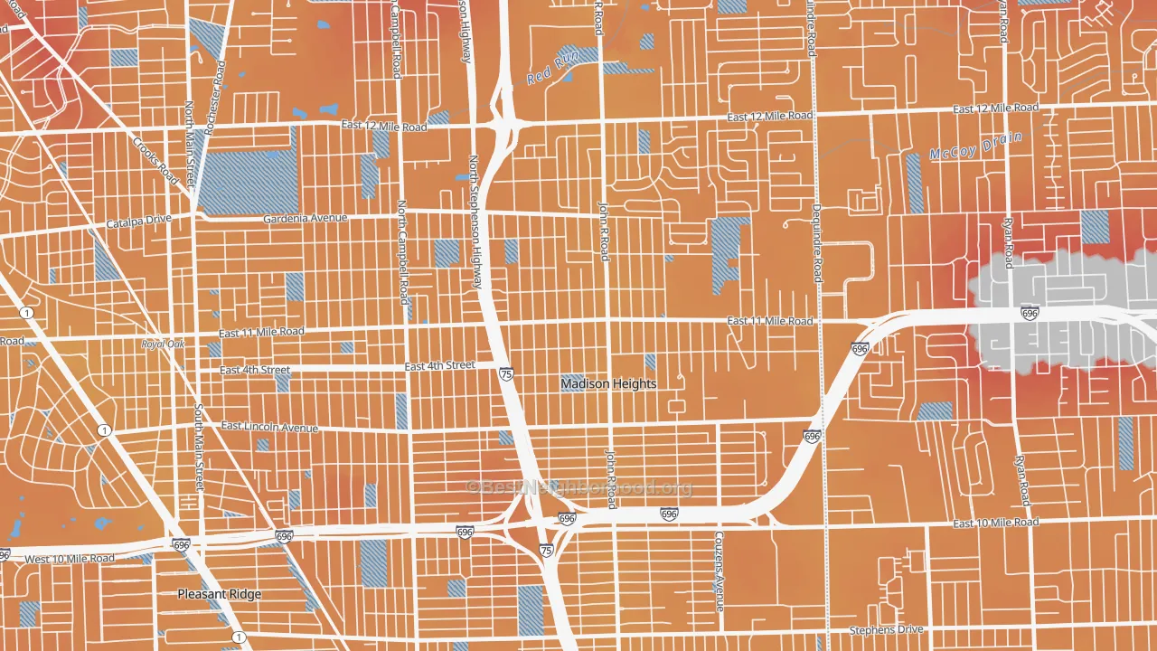 Transit Grade map of Downtown Madison Heights, Madison Heights, MI