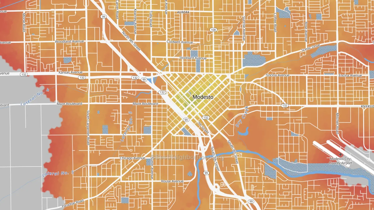 Transit Grade map of Downtown Modesto, Modesto, CA