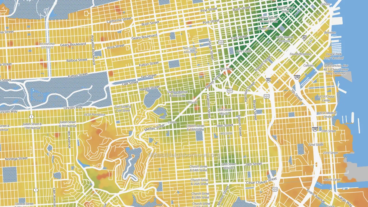 Transit Grade map of Duboce Triangle, San Francisco, CA