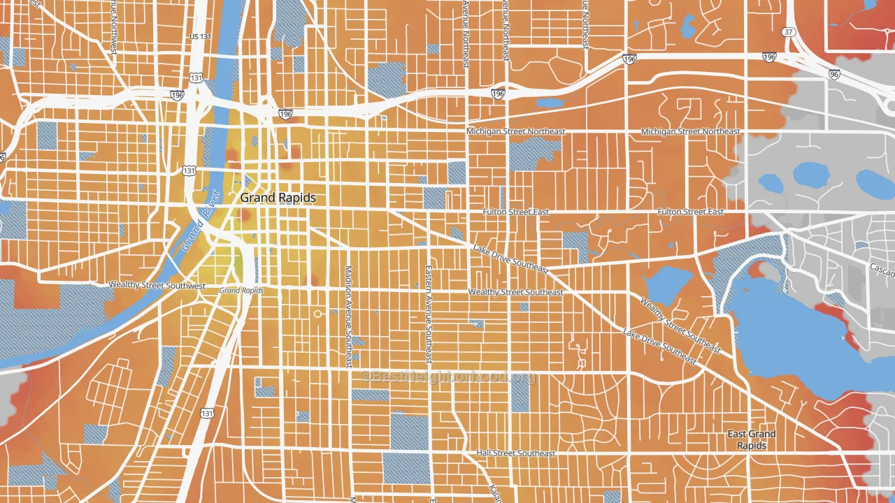 Transit Grade map of East Hills, Grand Rapids, MI