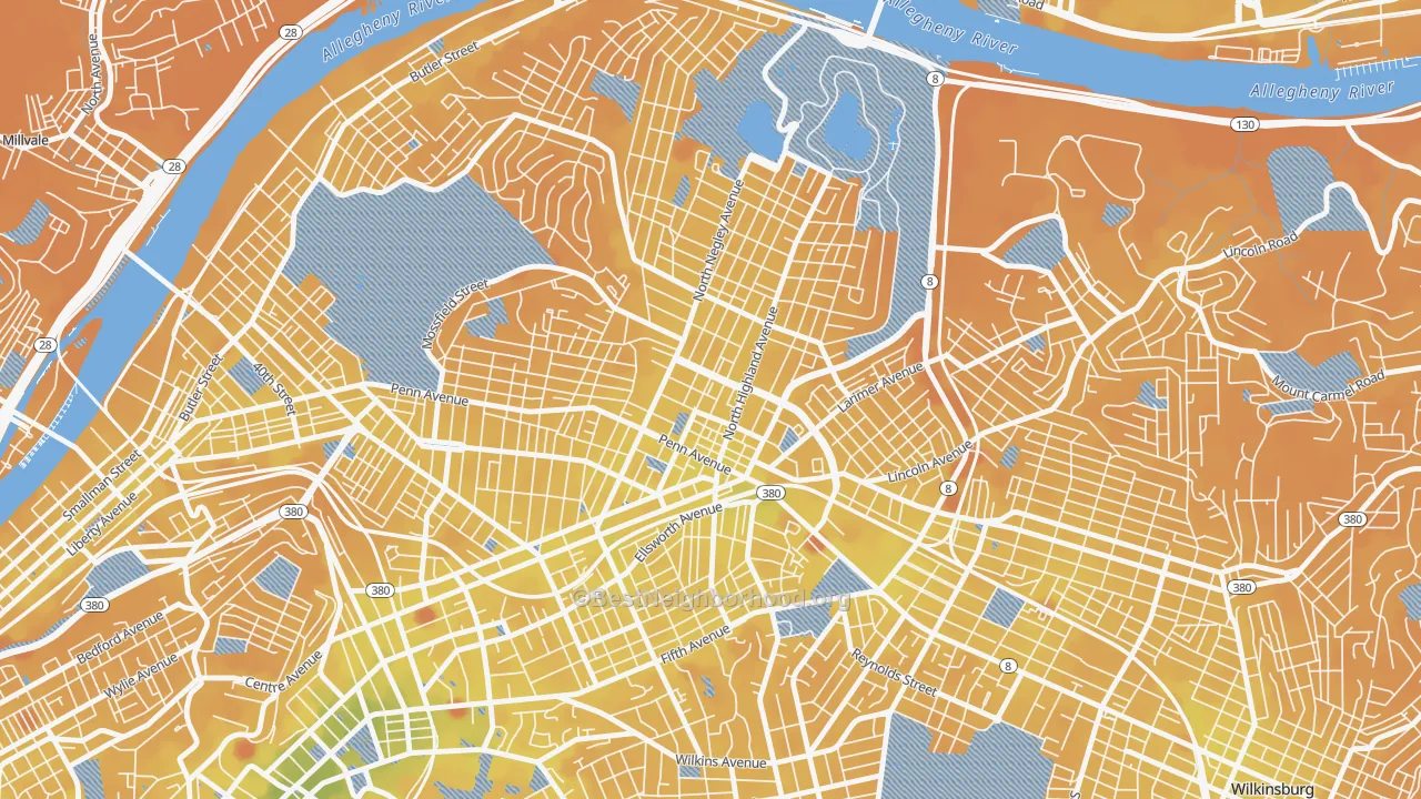 Transit Grade map of East Liberty, Pittsburgh, PA