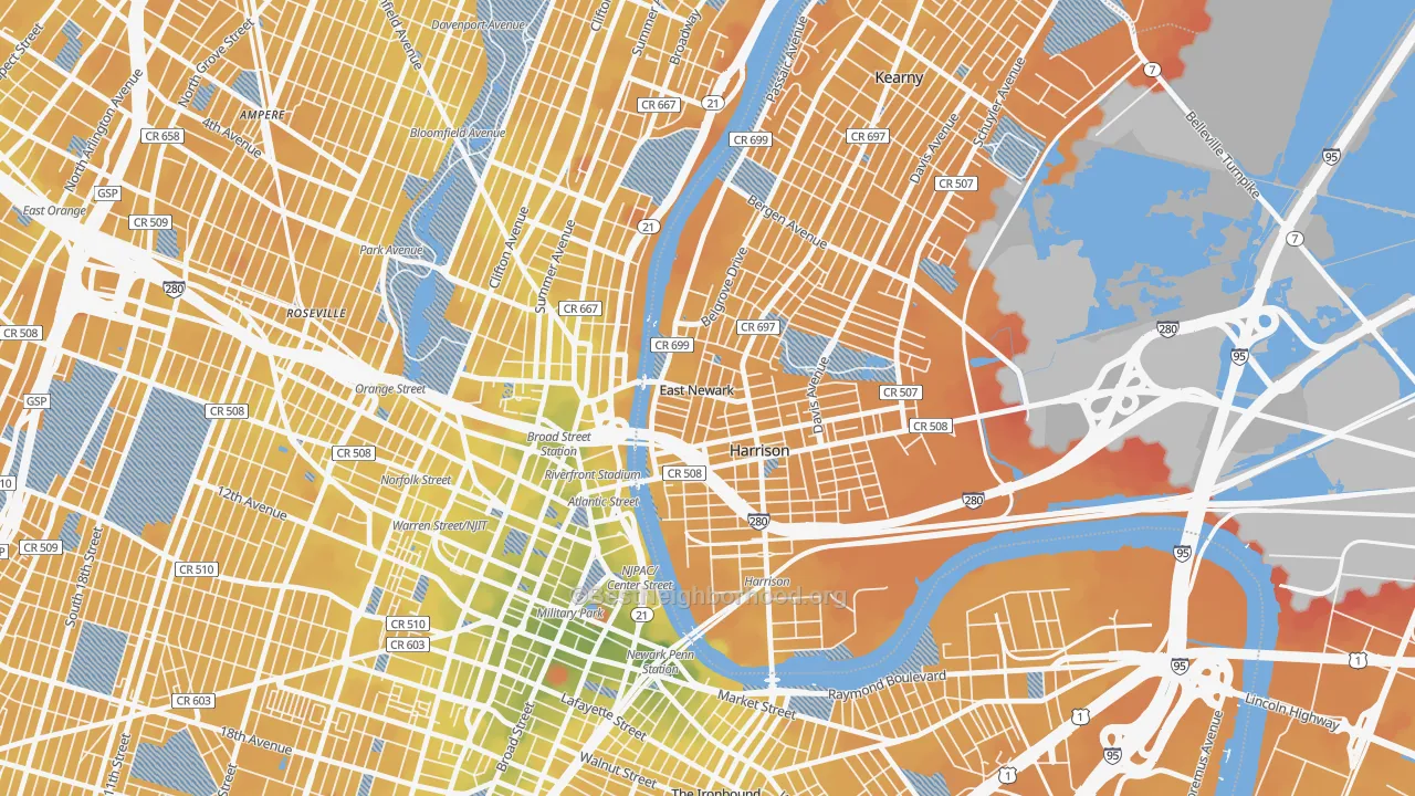 Transit Grade map of East Newark, NJ