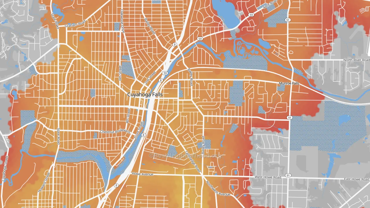 Transit Grade map of East Village, Cuyahoga Falls, OH