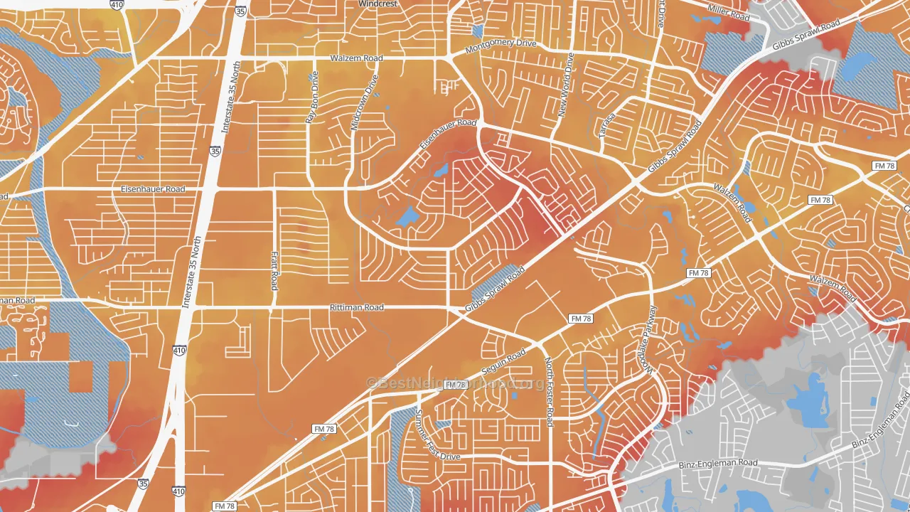 Transit Grade map of East Village, San Antonio, TX