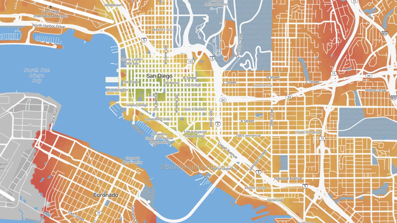 Transit Grade map of East Village, San Diego, CA