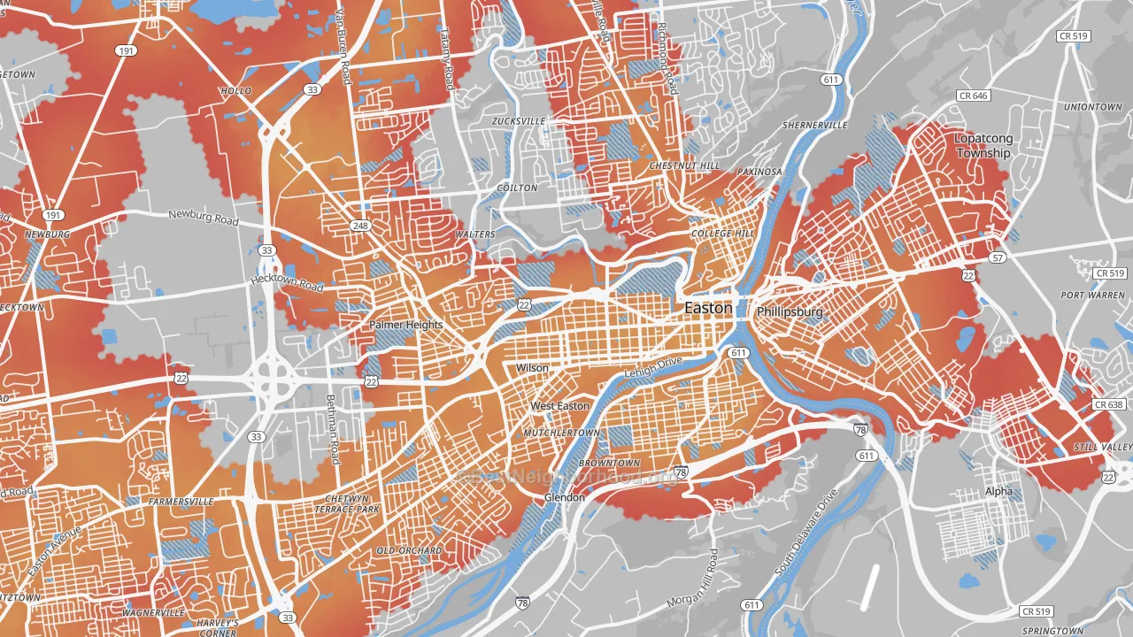 Transit Grade map of Easton, PA