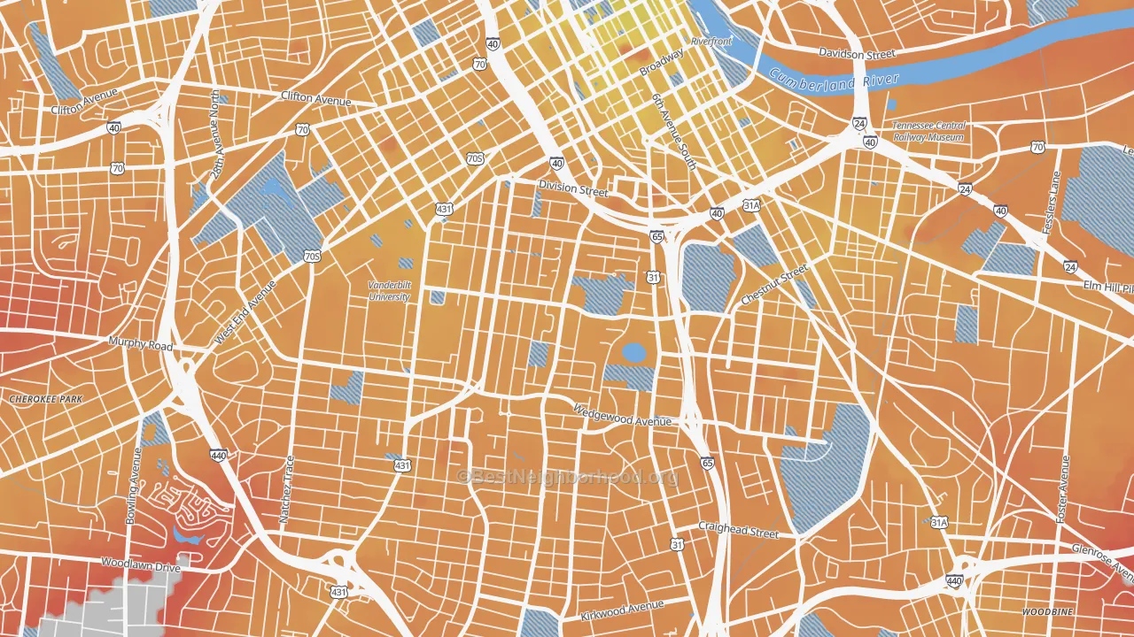 Transit Grade map of Edgehill, Nashville, TN
