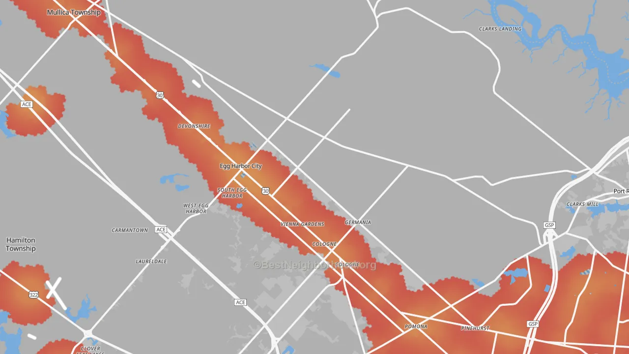 Transit Grade map of Egg Harbor City, NJ