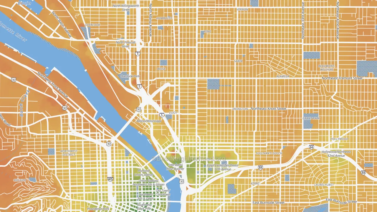 Transit Grade map of Eliot, Portland, OR